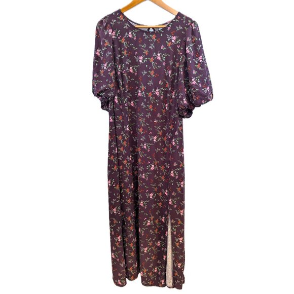 Old Navy | Short Puff Sleeve Plum Burgundy Floral Midi Dress  | Size 3X - Picture 5 of 16